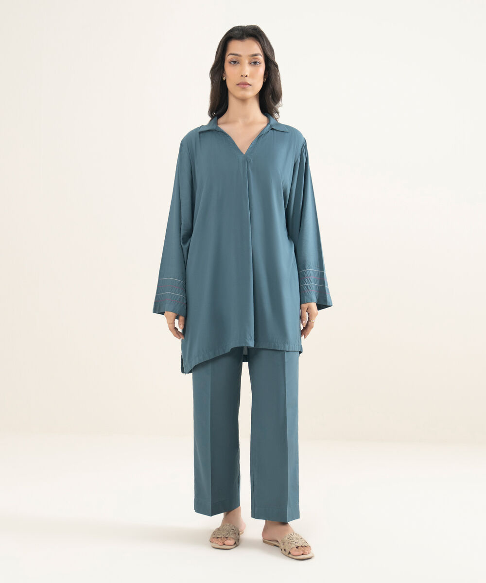 Women's RTW Arabic Lawn Solid Teal Drop Shoulder Shirt