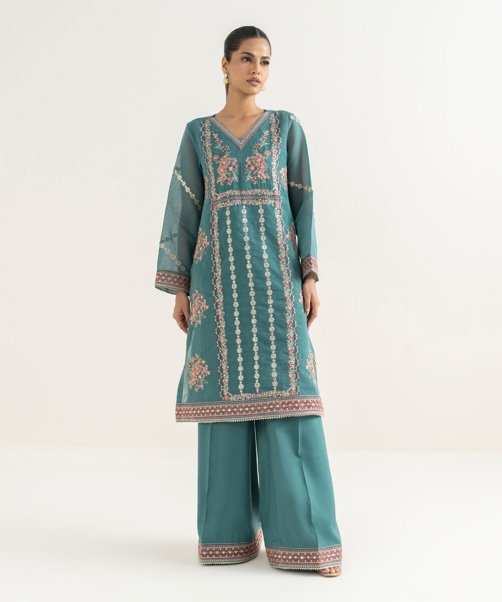Women's RTW Blended Textured Karandi Embroidered Straight Blue Shirt