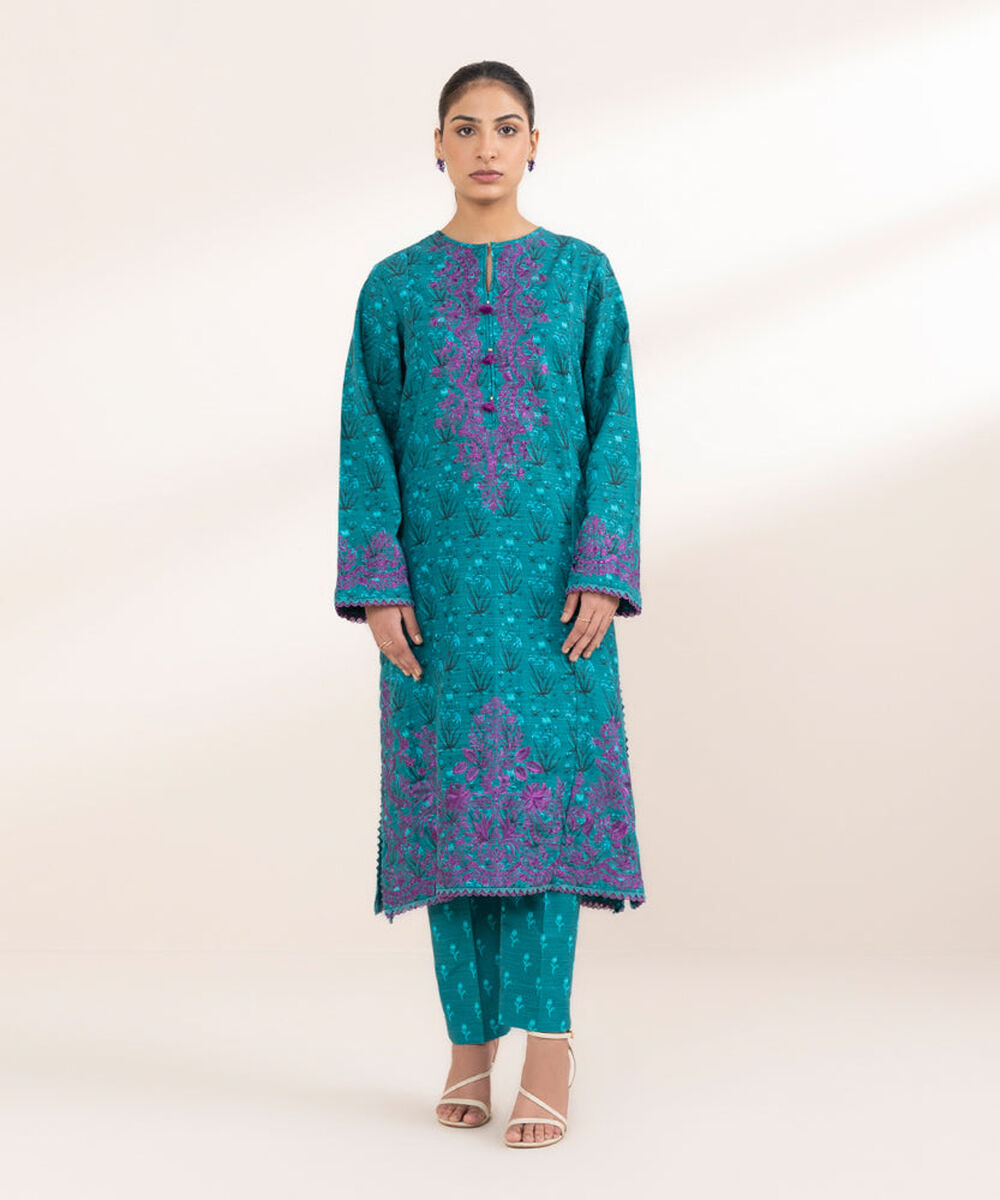 Women's Pret Printed Embroidered Teal Khaddar A Line Shirt
