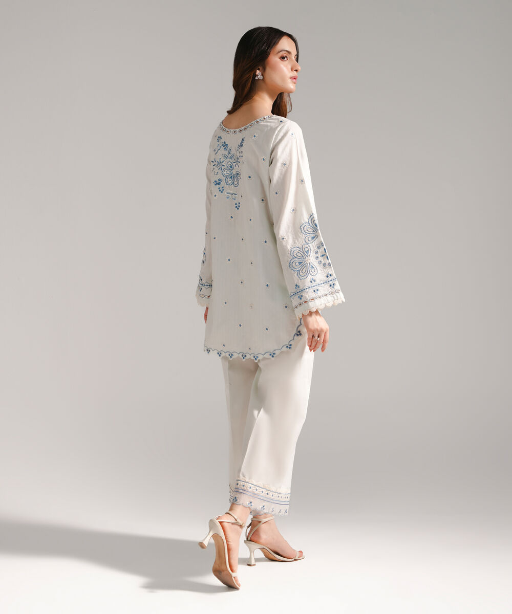 Women's RTW Textured Cotton Embroidered Light Blue 2 Piece Suit