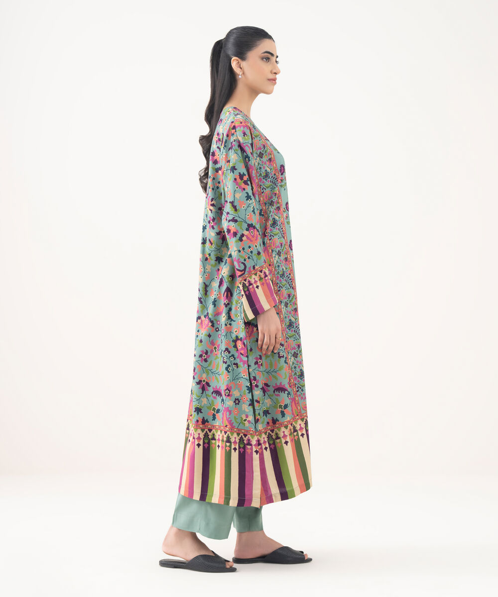 Women's RTW Viscose Linen Green Printed Drop Shoulder Shirt