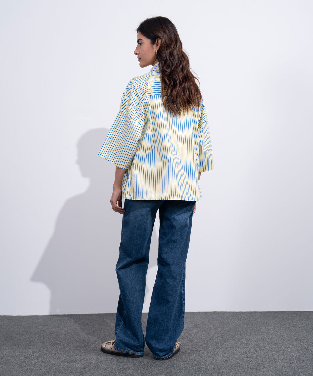 Women's Western Yellow And Blue Boxy Stripe Printed Shirt