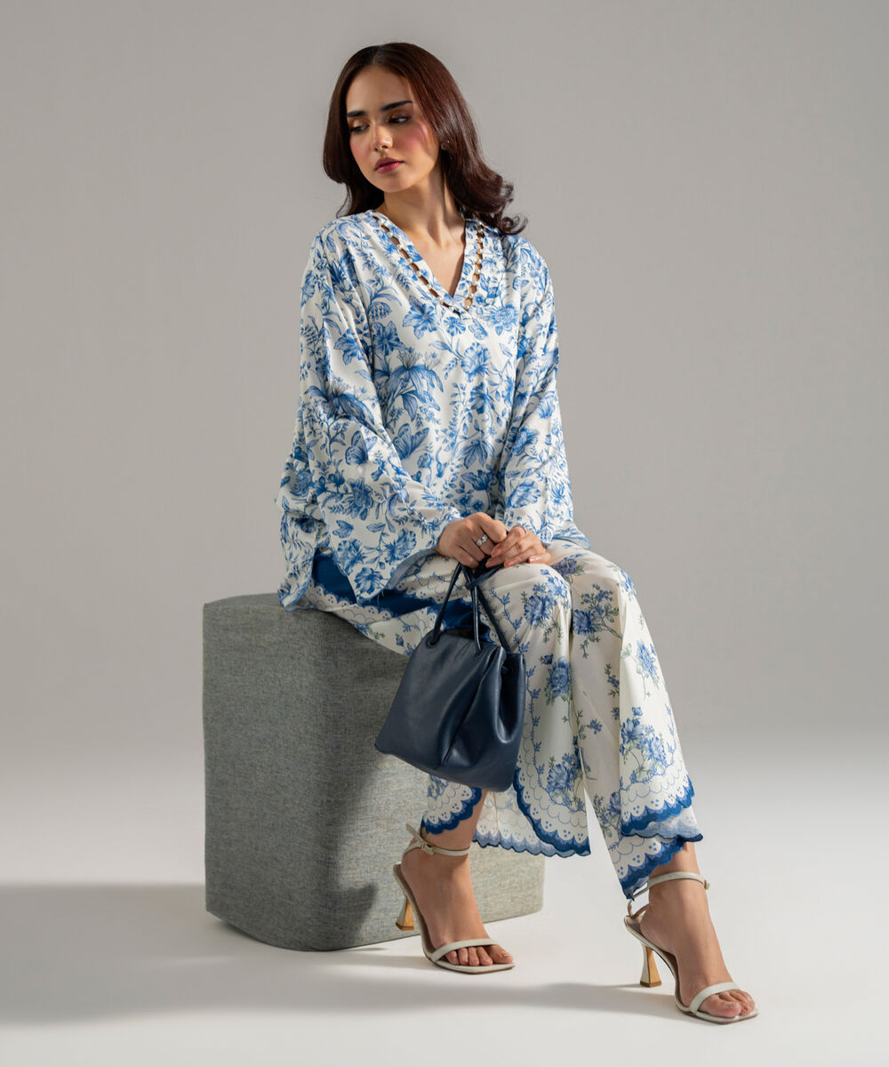 Women's RTW Arabic Lawn Printed White Straight Shirt