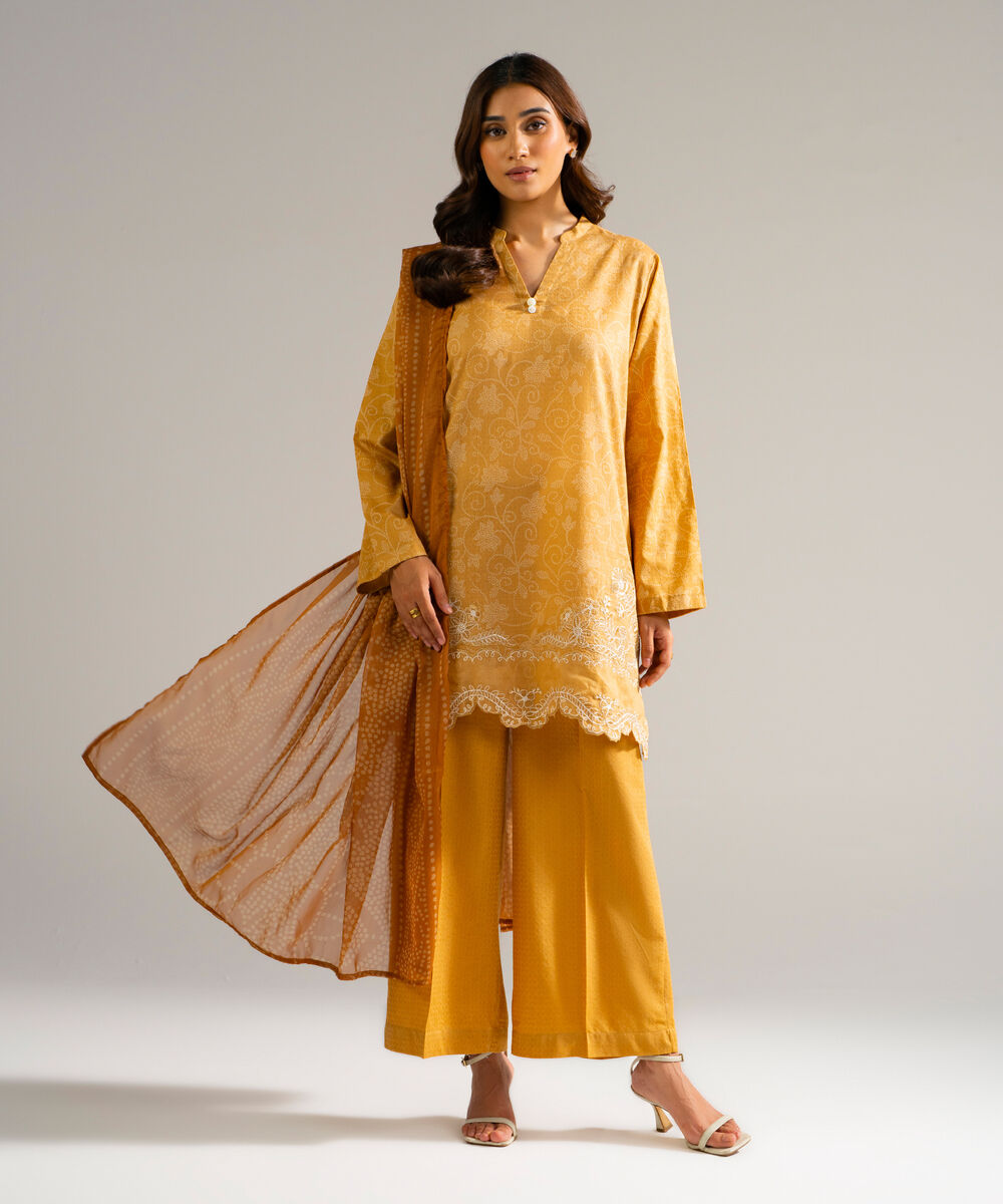 Women's RTW Self Jacquard Embroidered Yellow 3 Piece Suit