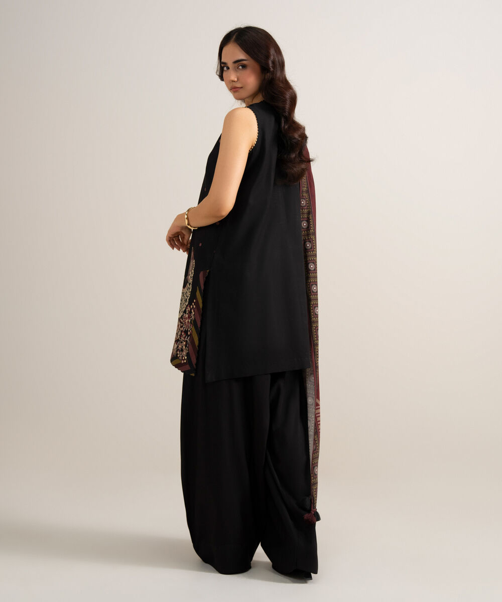 Women's Unstitched Embroidered Linen Black 3 Piece Suit