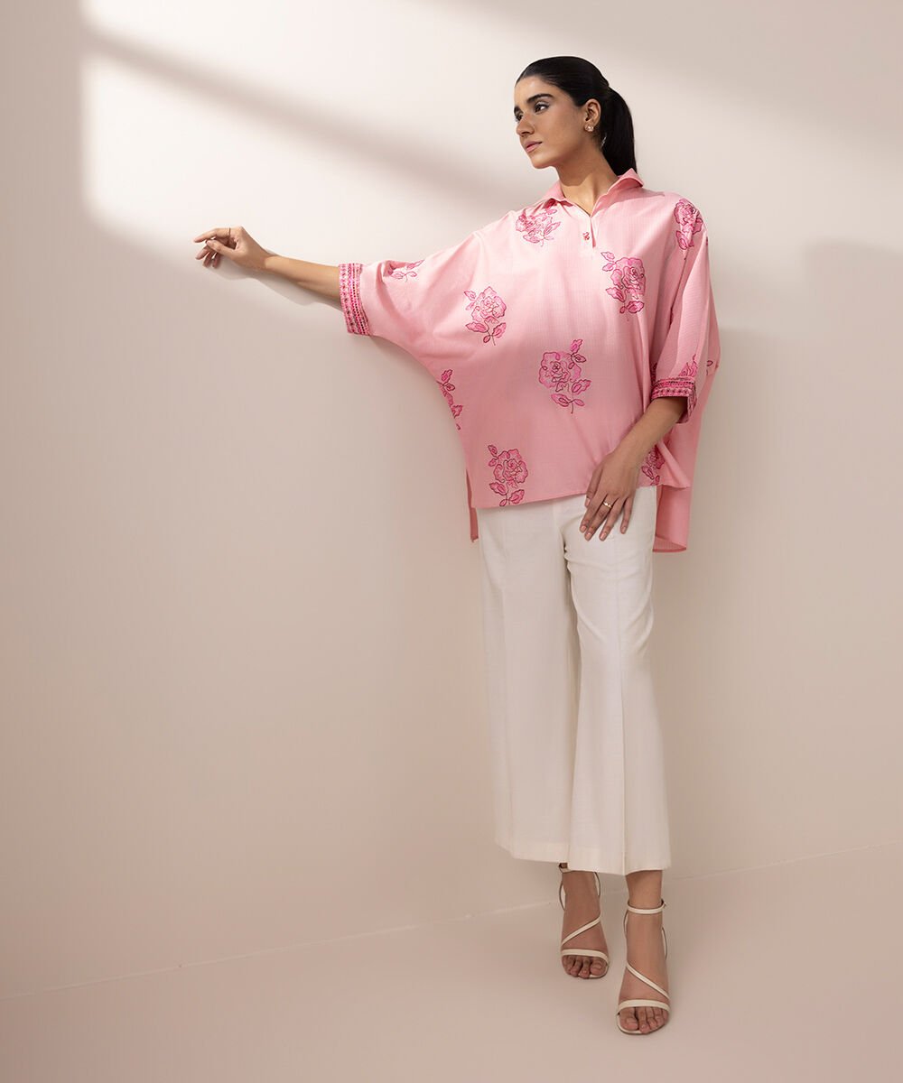 Women's RTW Dobby Pink Embroidered Drop Shoulder Shirt