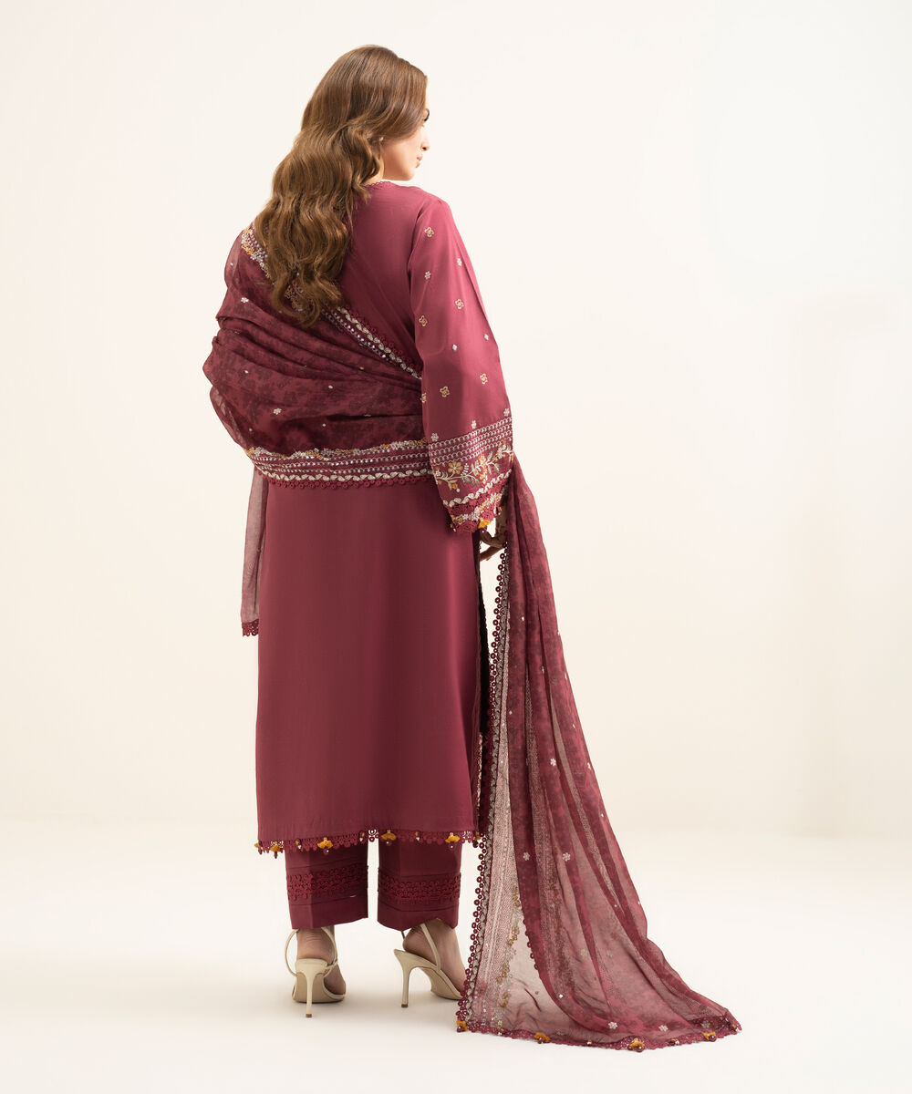 Women's Unstitched Fine Cotton Satin Embroidered Red 3 Piece Suit