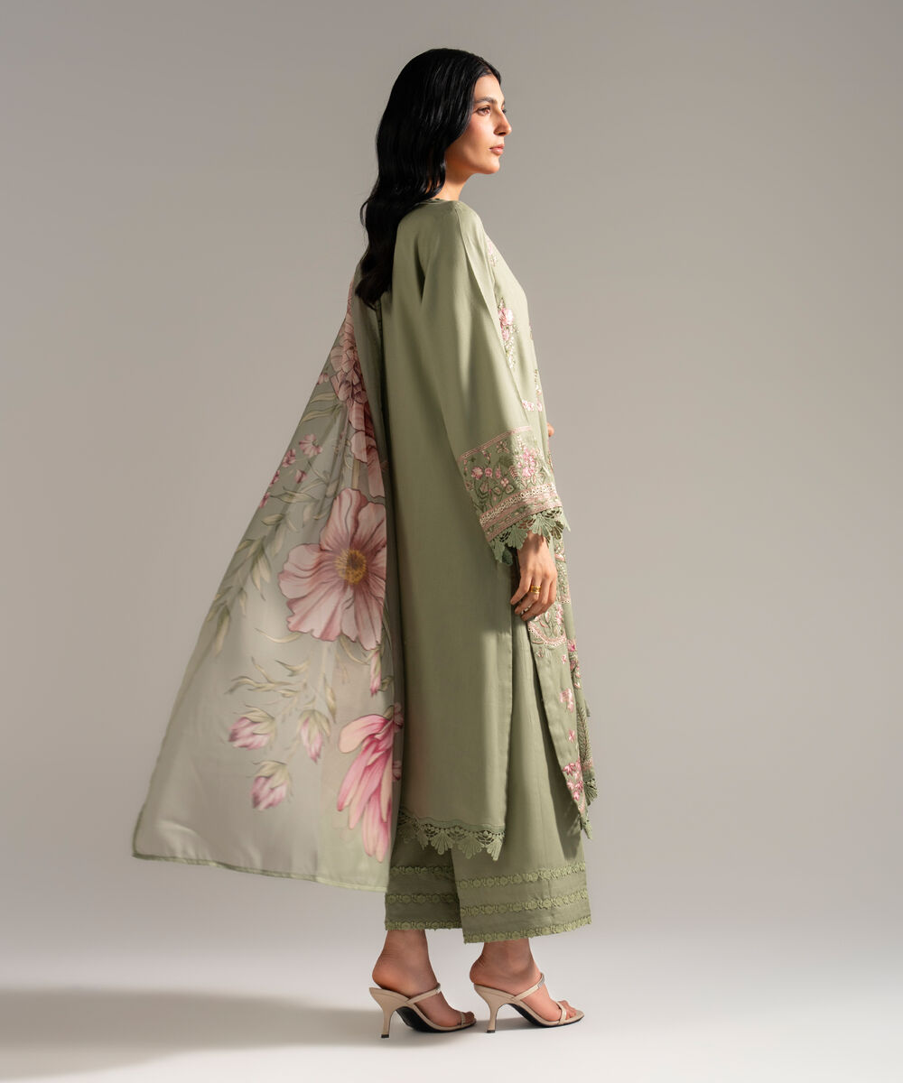 Women's RTW Dobby Crepe Embroidered Green 3 Piece Suit