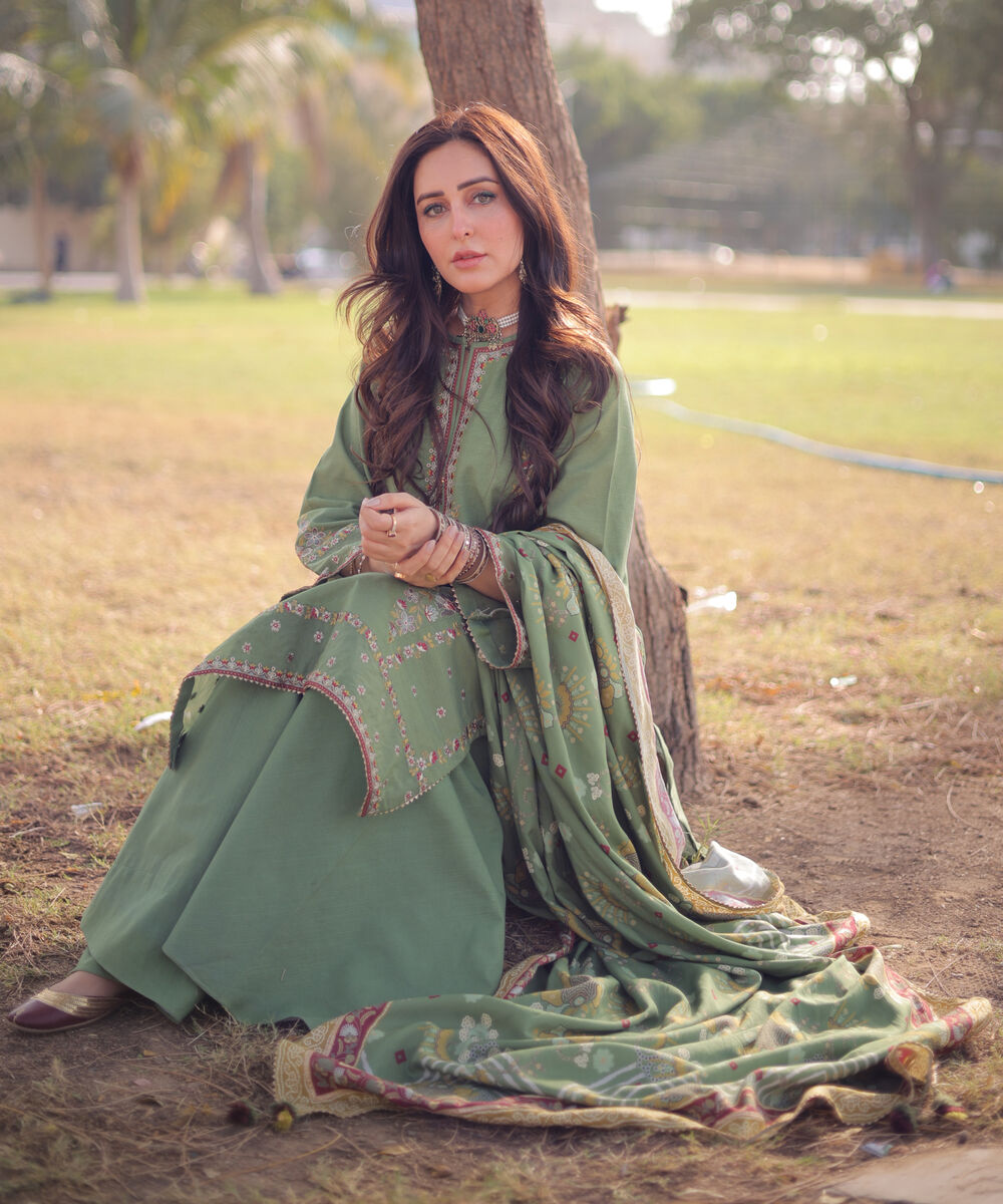 Women's Unstitched Textured Cotton Embroidered Green 3 Piece Suit