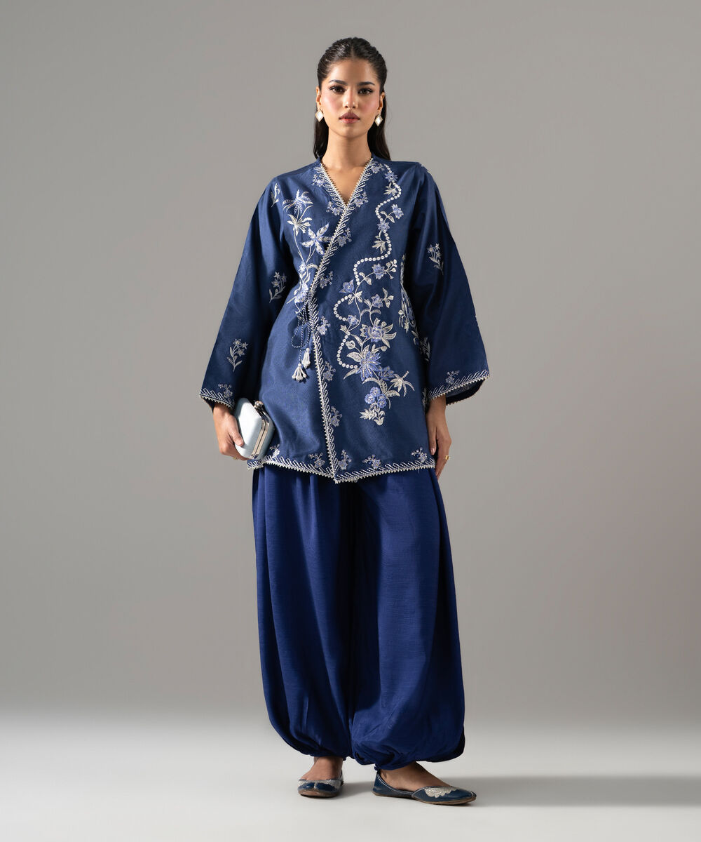 Women's RTW Cotton Net Solid Embroidered Blue 2 Piece Suit