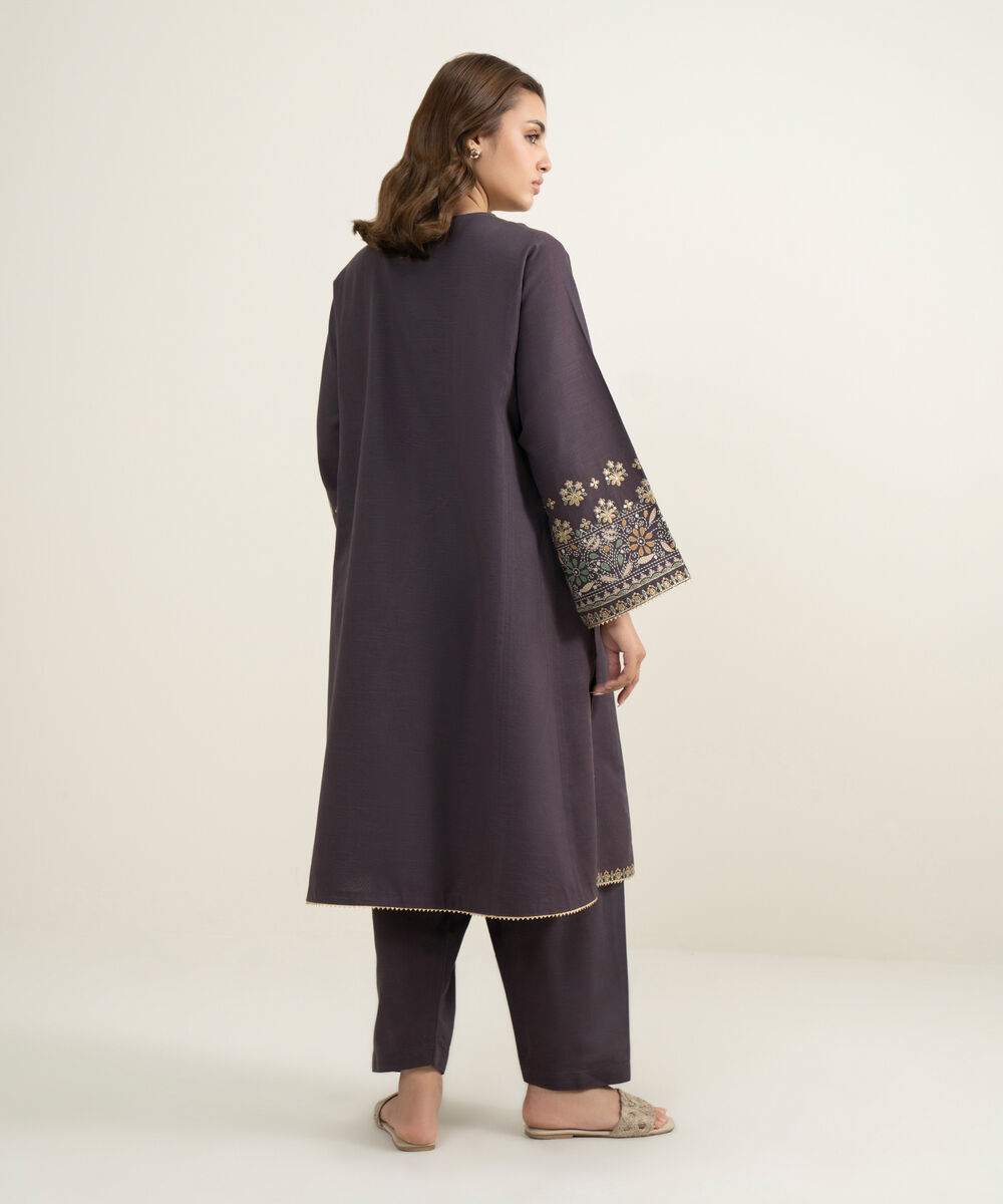 Women's Two Piece Brownish Plum Woolen Embroidered Suit