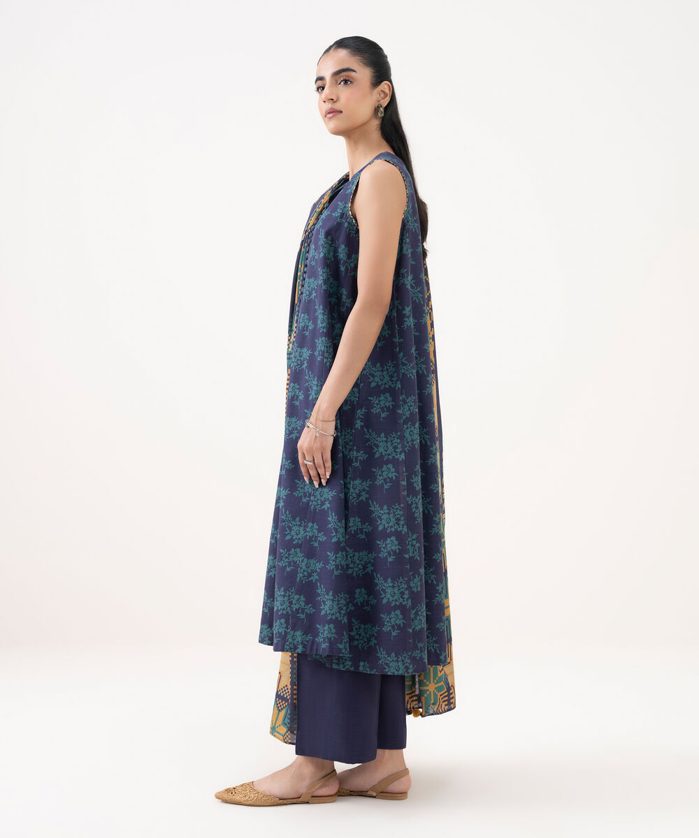 Women's Unstitched Khaddar Printed Blue 3 Piece Suit