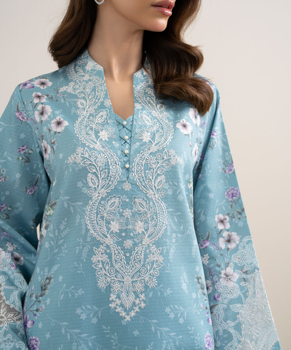 Women's Unstitched Dobby Embroidered Blue 3 Piece Suit