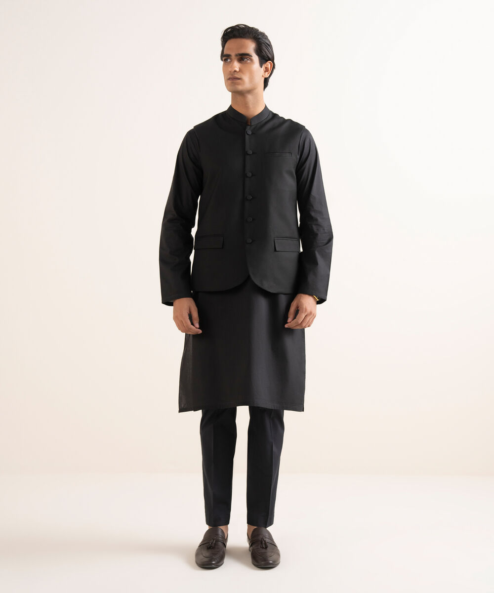 Men's Stitched Textured Wash & Wear Black Waistcoat