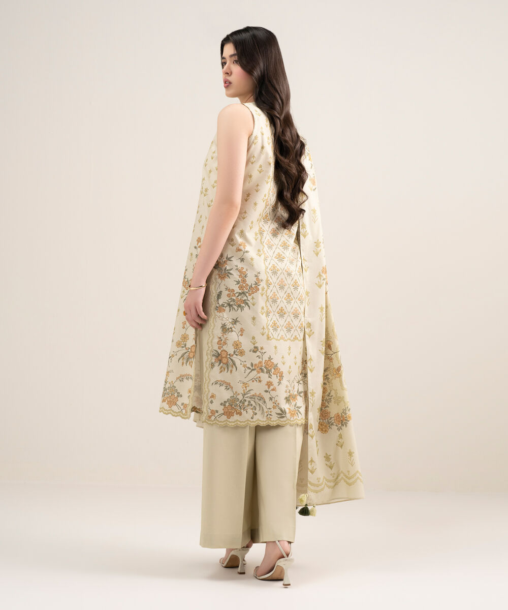 Women's Unstitched Zari Lawn Printed Beige 3 Piece Suit