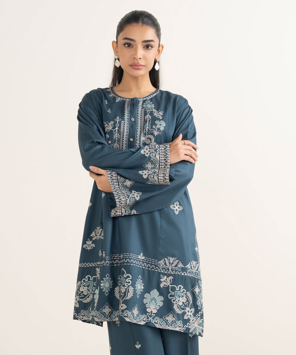 Women's RTW Viscose Marina Embroidered Teal Straight Shirt