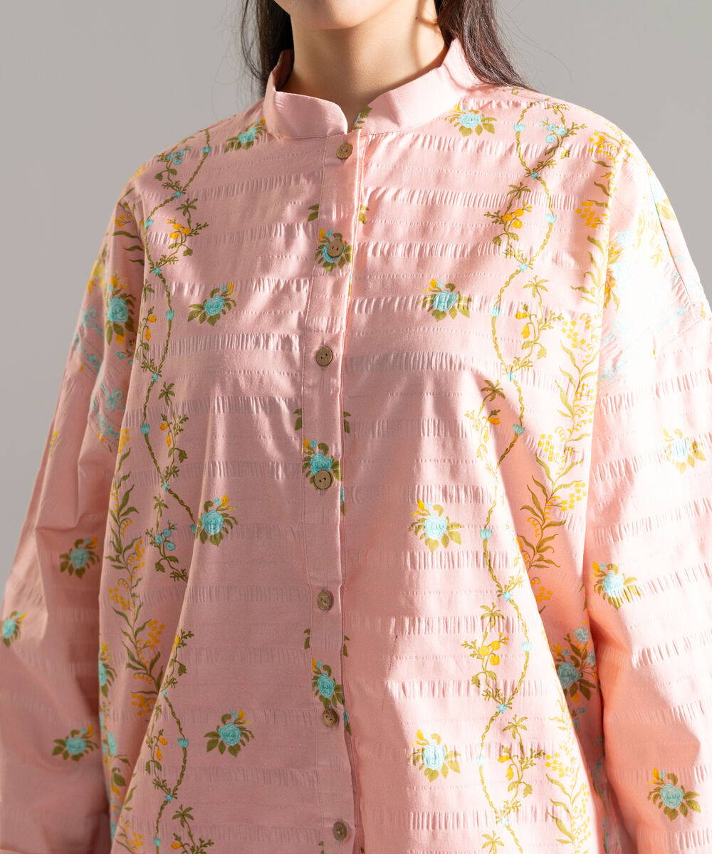 Women's RTW Seersucker Printed Pink Drop Shoulder Shirt