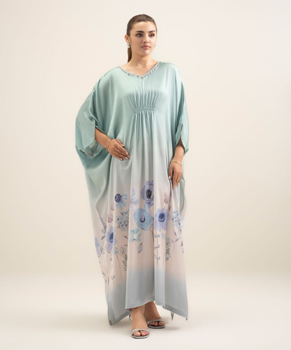 Women's RTW Blended Satin Printed Green Kaftan