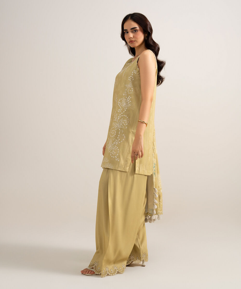 Women's Unstitched Embroidered Linen Beige 3 Piece Suit