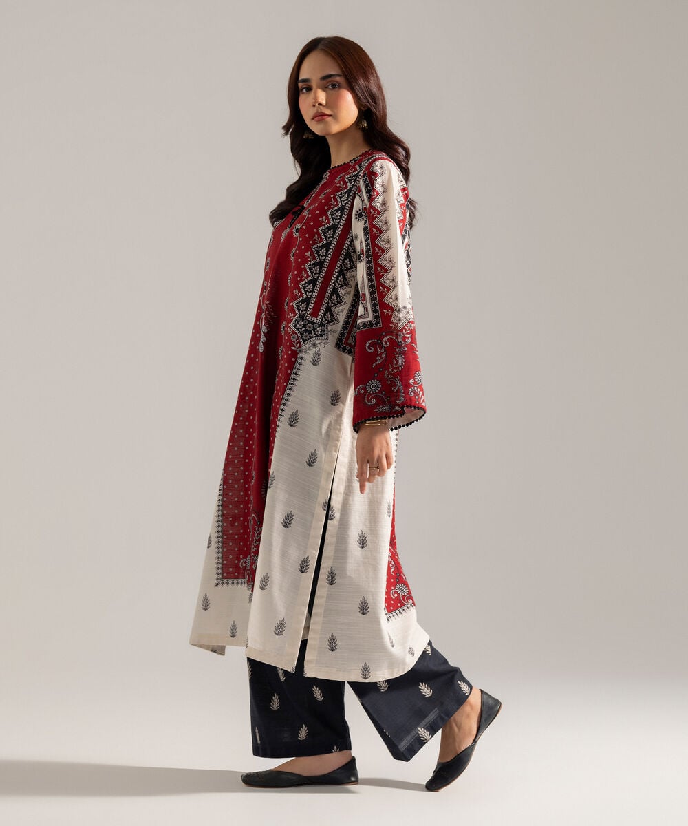 Women's RTW Printed Maroon Khaddar A-Line Shirt