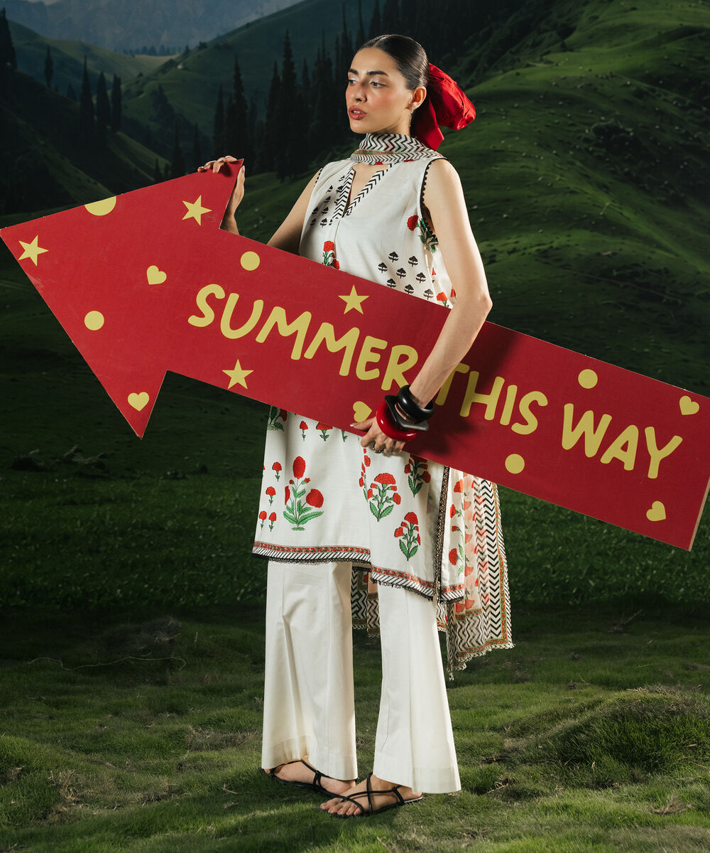 Women's RTW Slub Lawn Printed White Straight Shirt