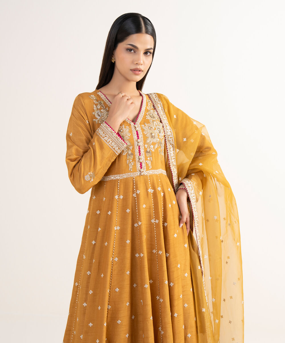 Women's RTW Raw Silk Mustard Embroidered 3 Piece Suit