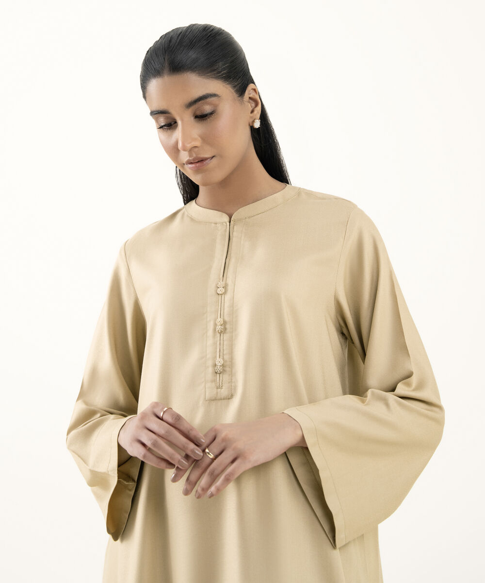 Women's RTW Dobby Beige Solid Straight Shirt