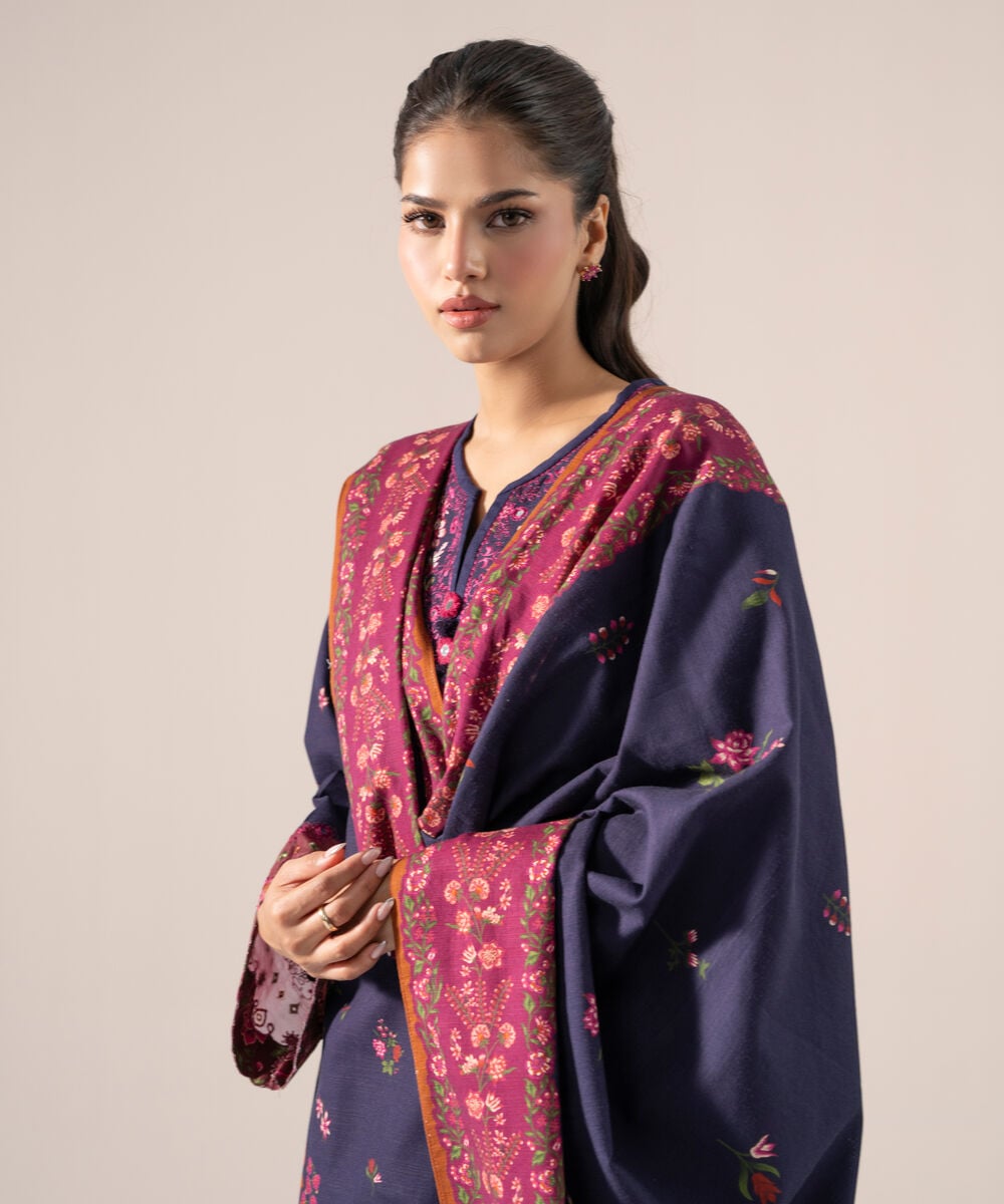 Women's Unstitched Premium Khaddar Embroidered Plum 3 Piece Suit
