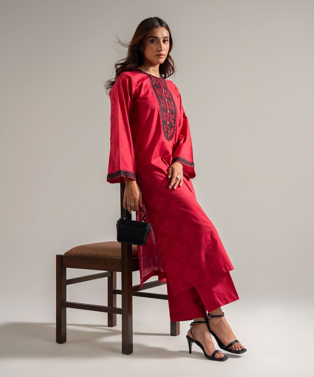 Women's RTW Cambric Embroidered Red 2 Piece Suit