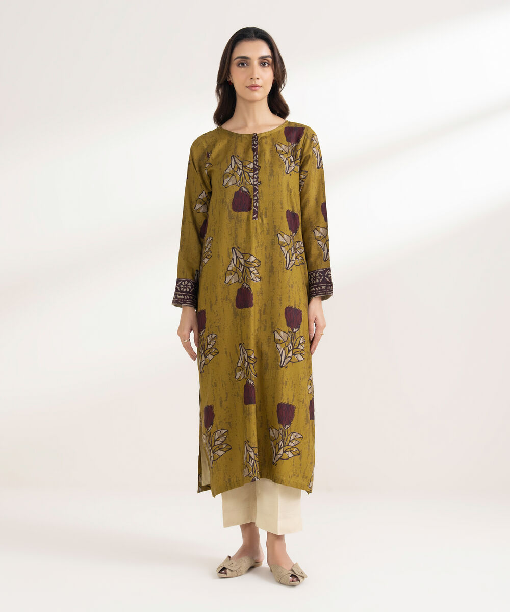 Women's RTW Viscose Linen Printed Straight Brown Shirt