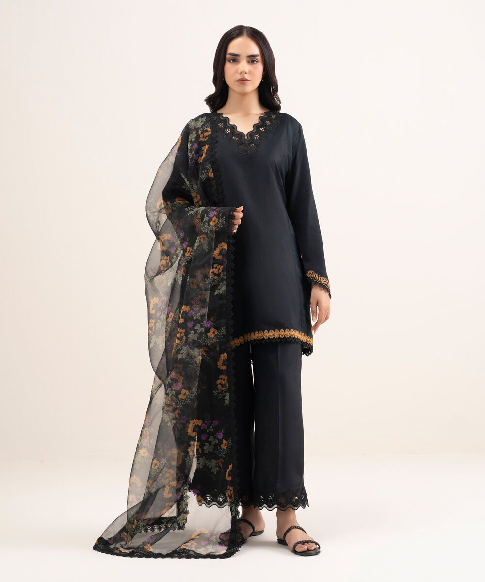 Women's RTW Viscose Raw Silk Embroidered Black 3 Piece Suit
