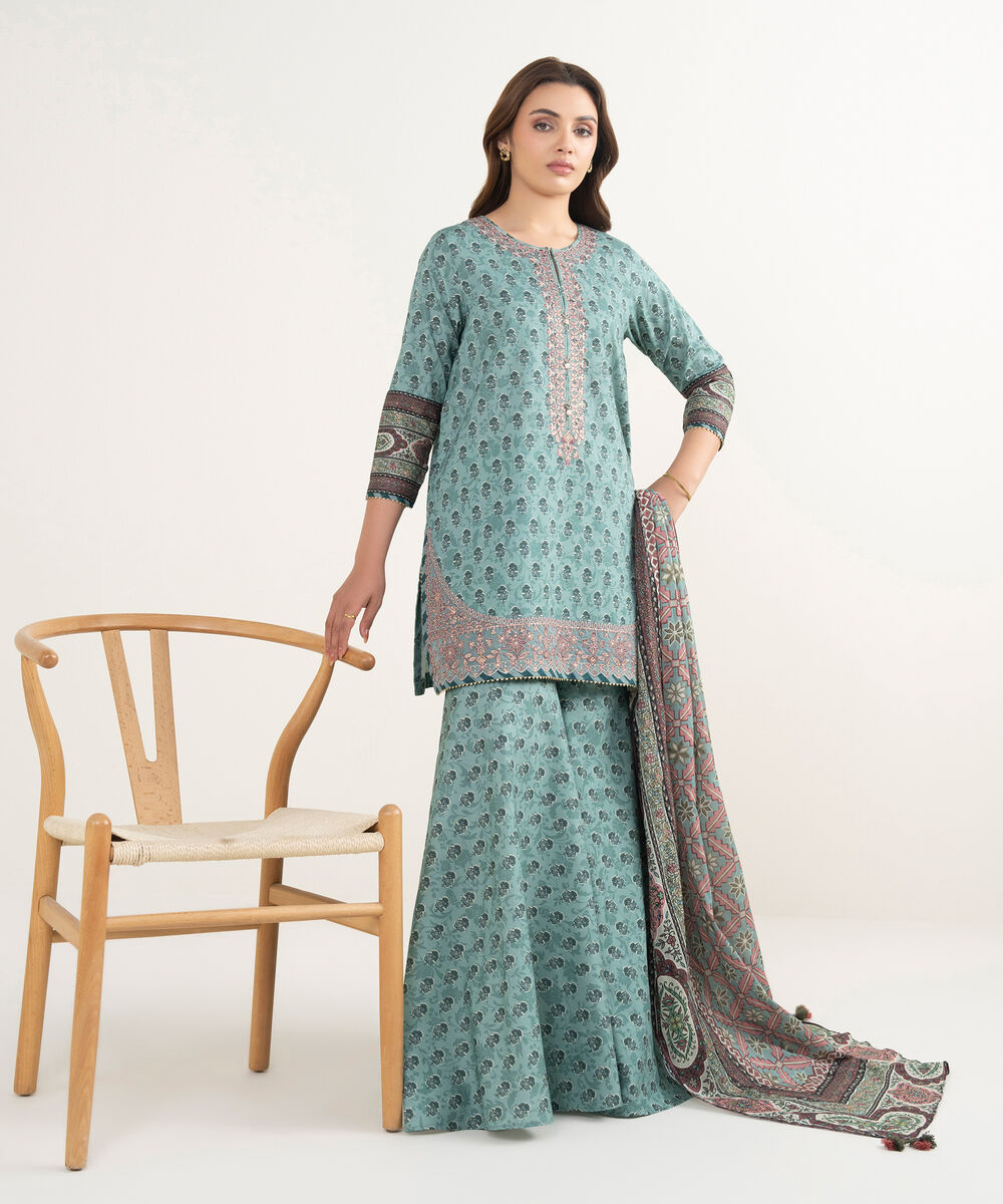 Women's Unstitched Lawn Embroidered Teal Green 3 Piece Suit
