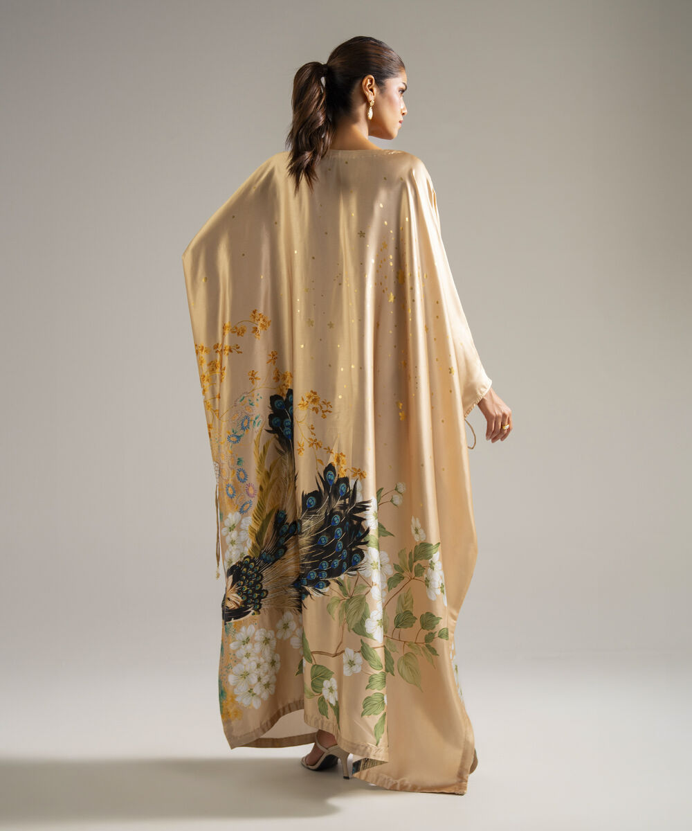 Women's RTW Blended Satin Printed Beige Kaftan