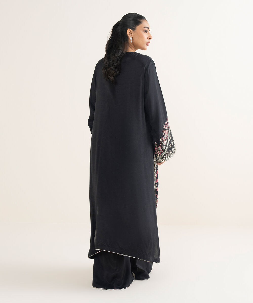 Women's RTW Viscose Raw Silk Embroidered Black 2 Piece Suit