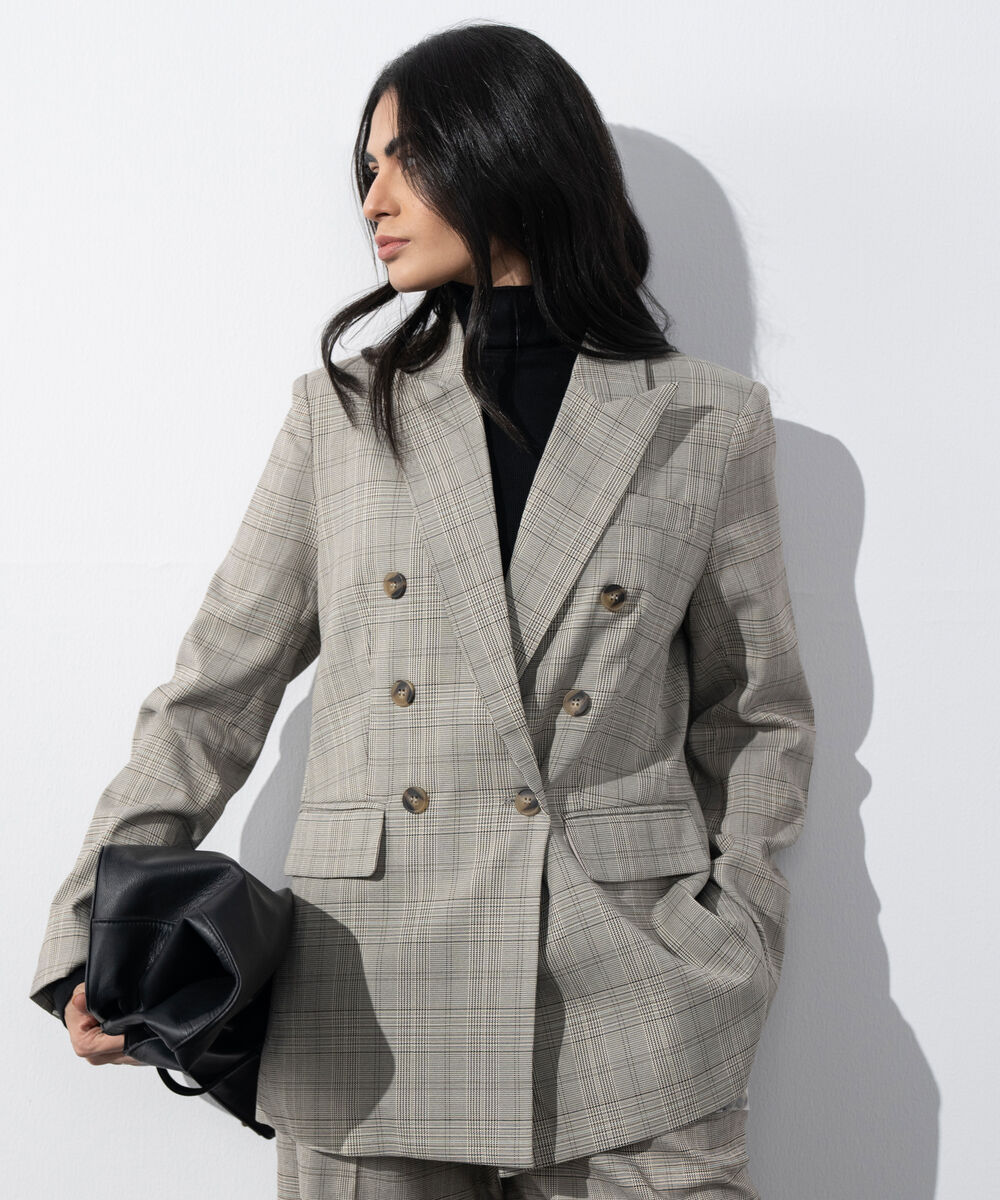 Women's Western Wear Brown Plaid Double Breasted Blazer