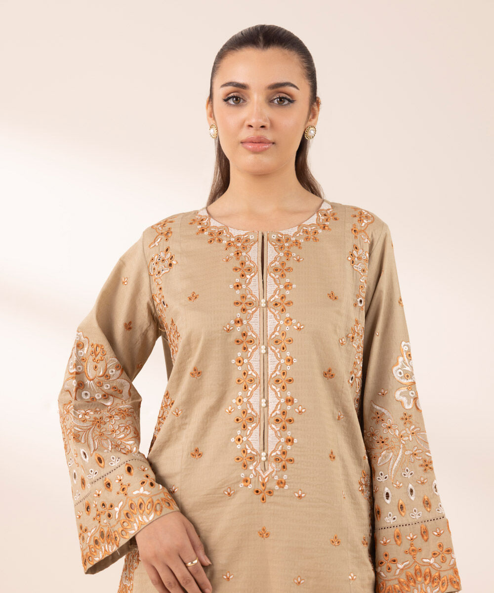 Women's RTW Dobby Brown Embroidered A-Line Shirt