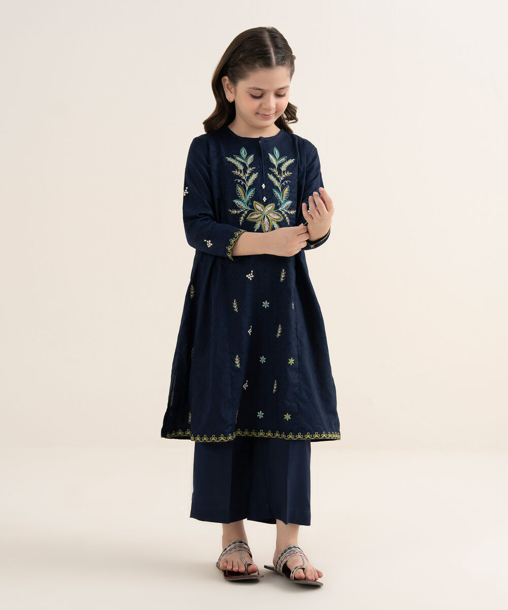 Girl's Self Jacquard Embroidered Blue 2 Piece Suit