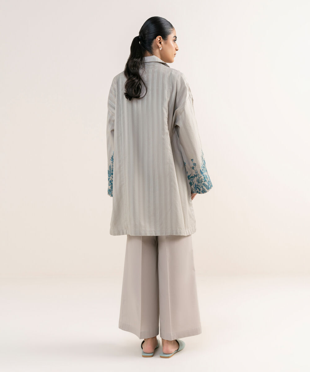 Women's RTW Textured Lawn Grey Embroidered Drop Shoulder Shirt