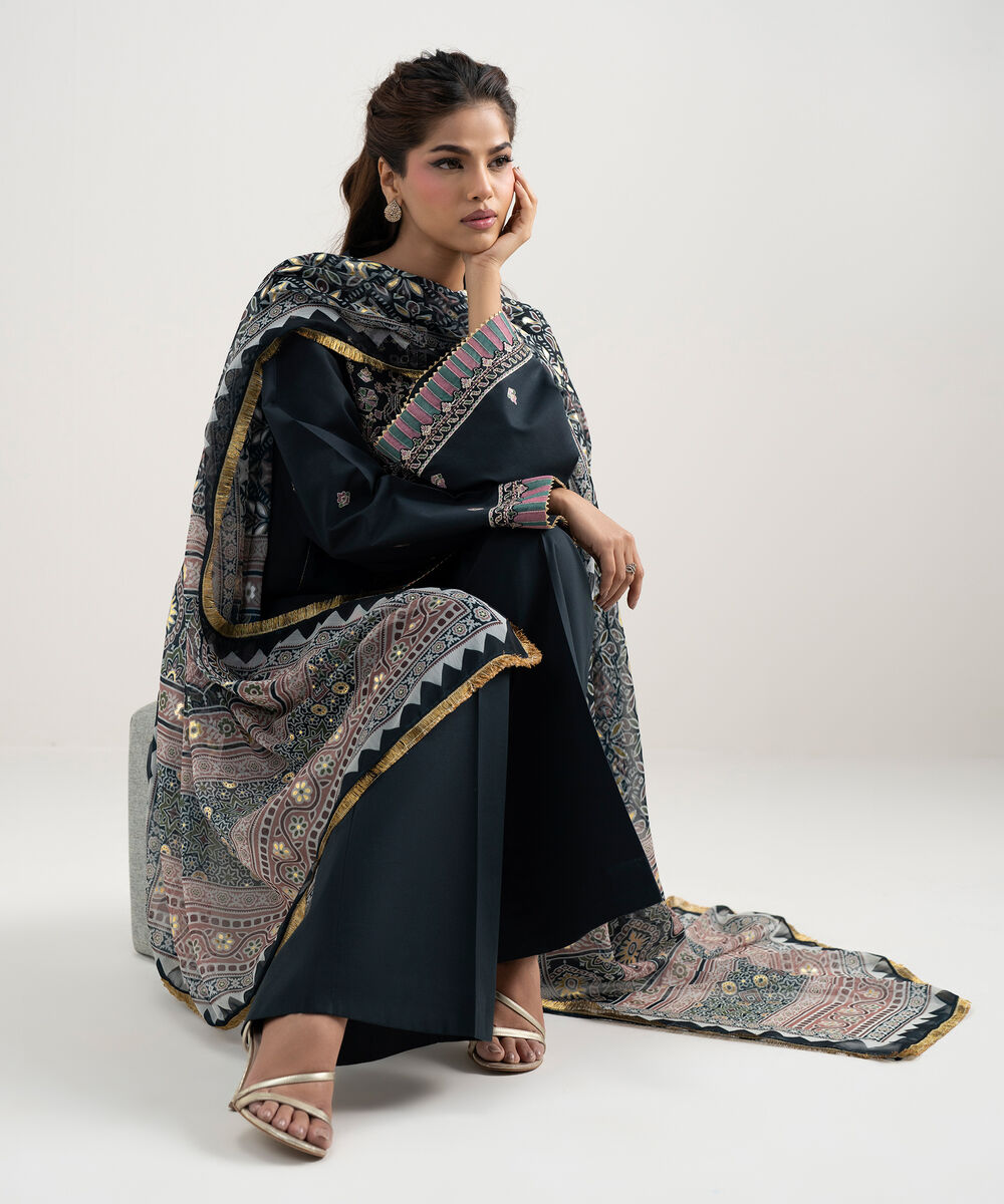 Women's Unstitched Lawn Embroidered Black 3 Piece Suit