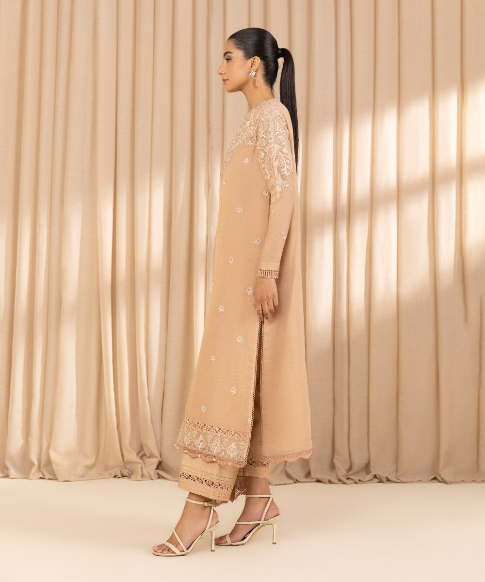 Unstitched Women's Embroidered Blended Khaddi Net Beige Three Piece Suit