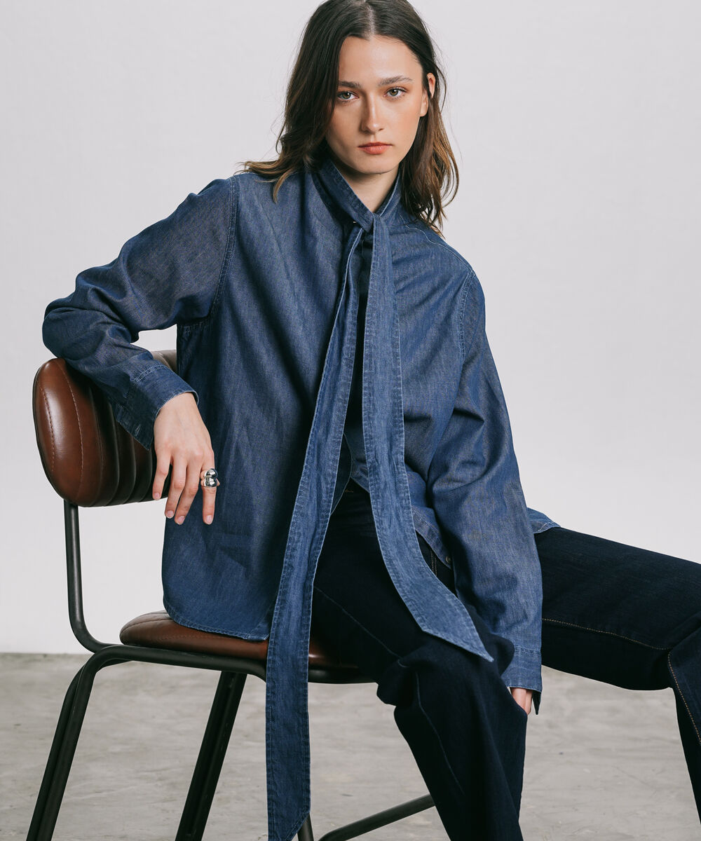 Women's Western Wear Blue Denim Shirt With Self-Tie Fastening