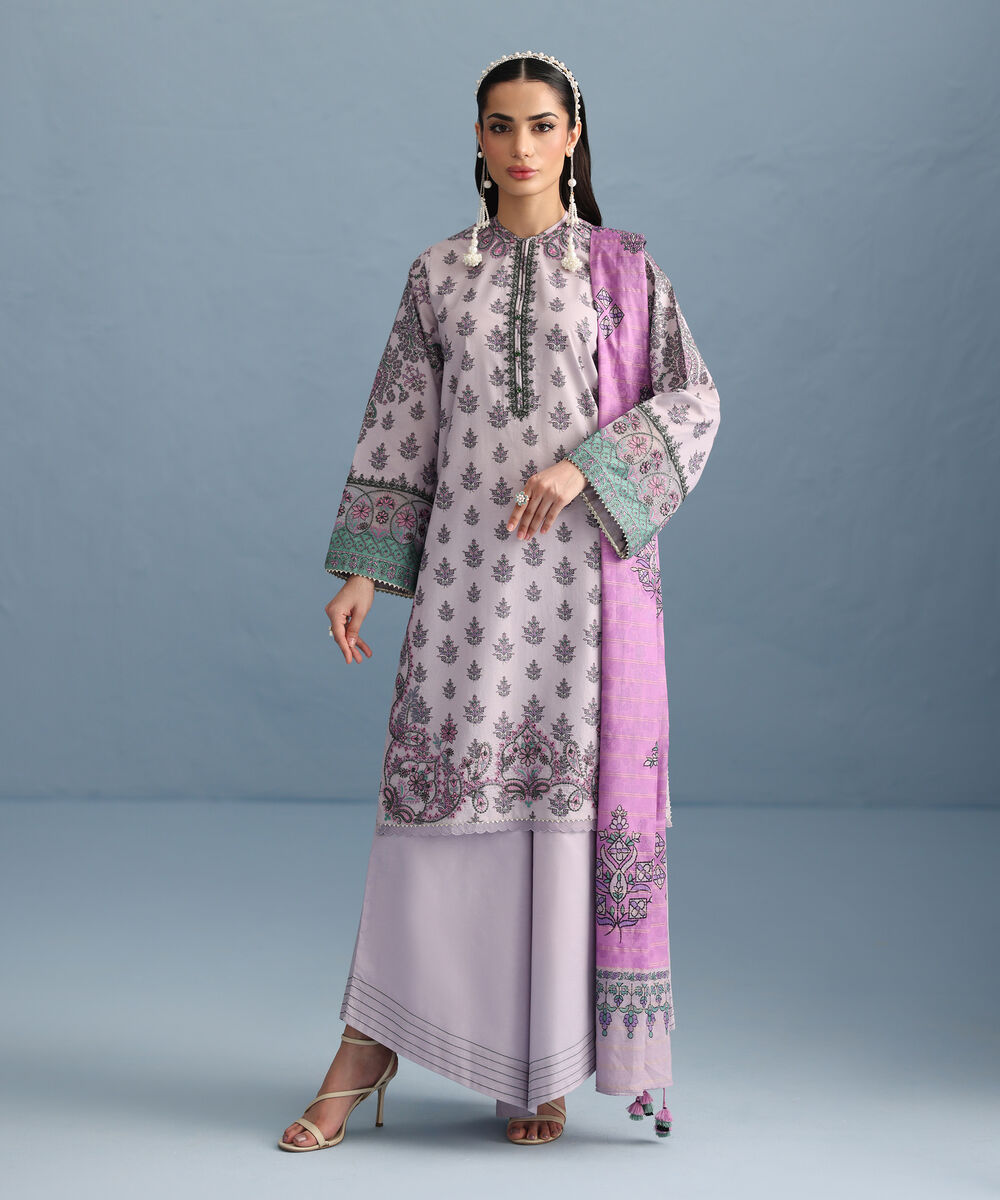 Women's Unstitched Lawn Embroidered Lilac Three Piece Suit