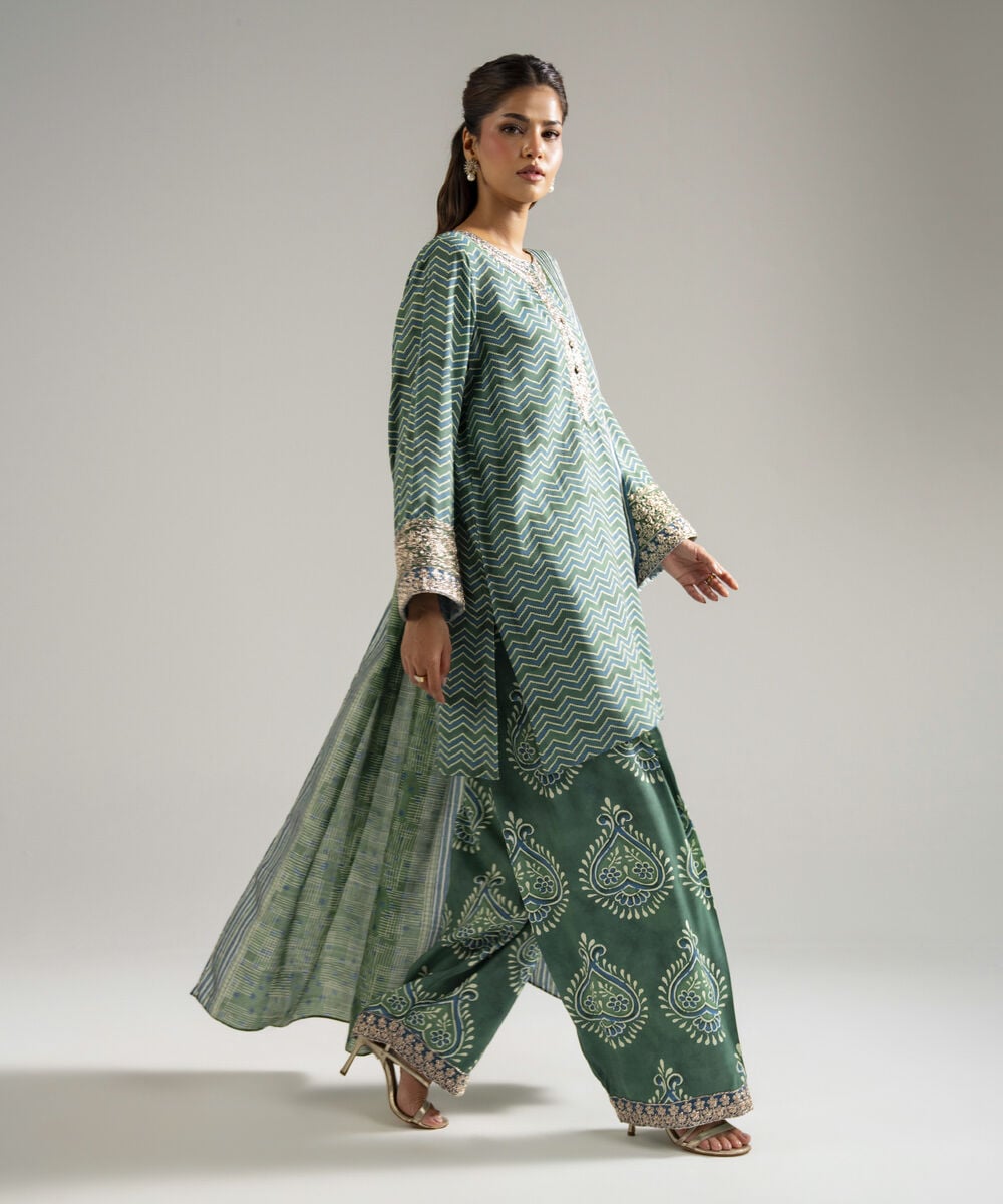 Women's RTW Raw Silk Embroidered Green 3 Piece Suit