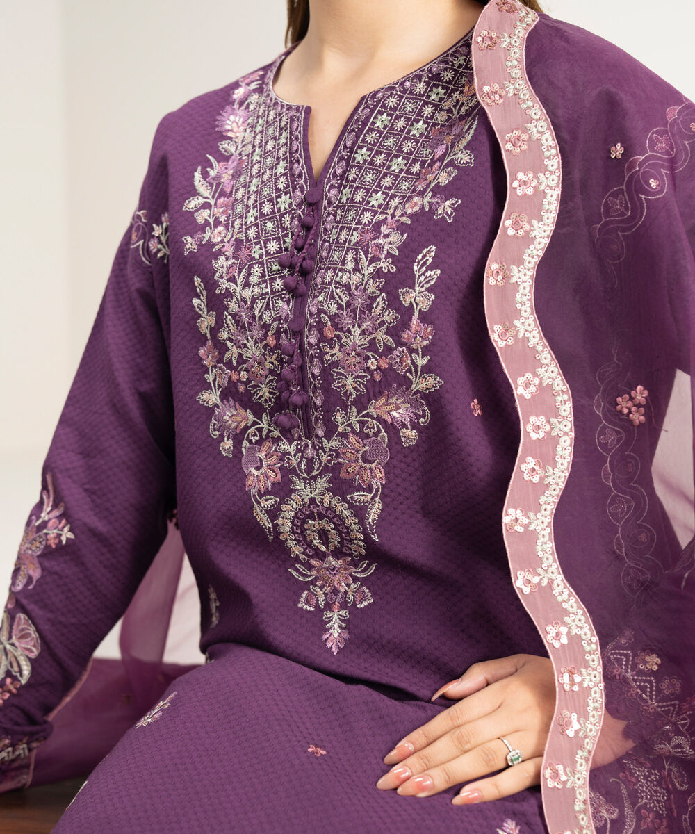 Women's Unstitched Lawn Embroidered Purple 3 Piece Suit