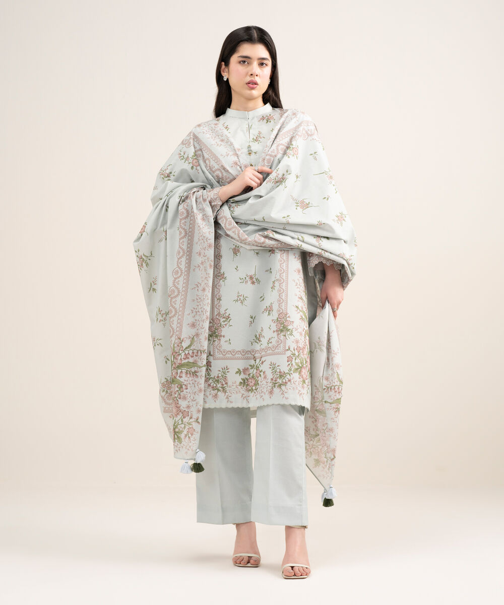 Women's Unstitched Zari Lawn Printed Blue 3 Piece Suit