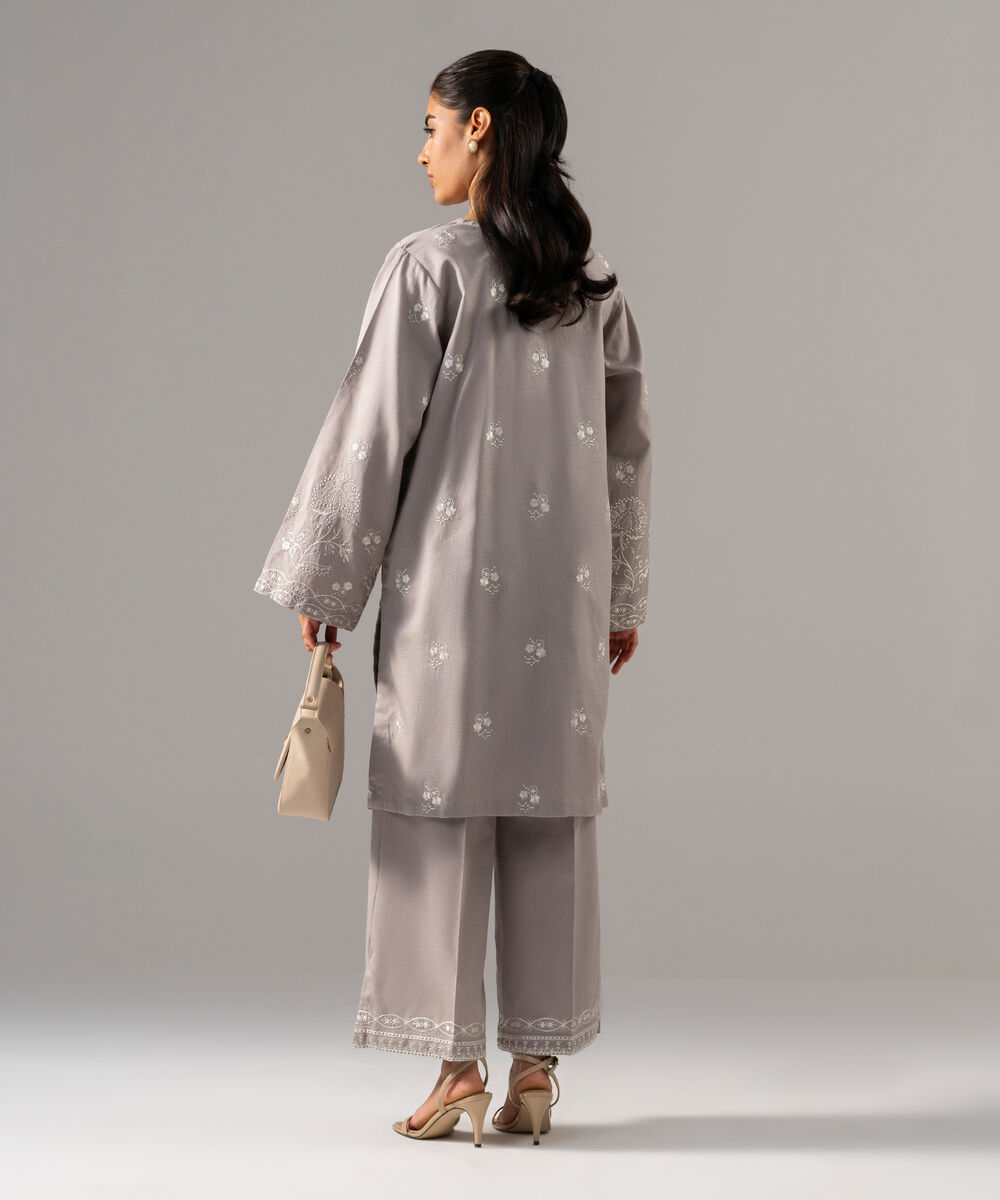 Women's RTW Cotton Linen Embroidered Grey 2 Piece Suit