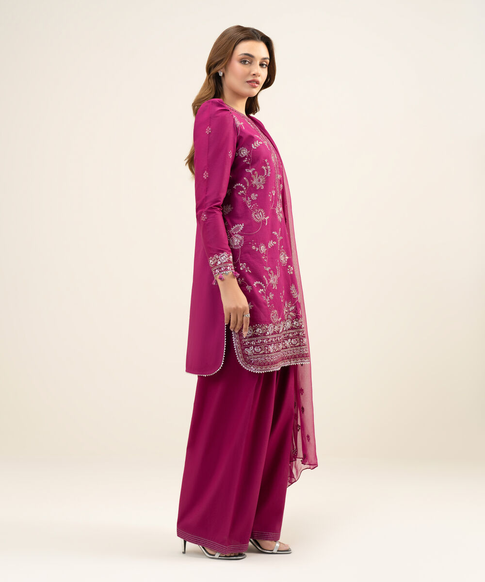 Women's Unstitched Textured Lawn Pink Embroidered 3 Piece Suit