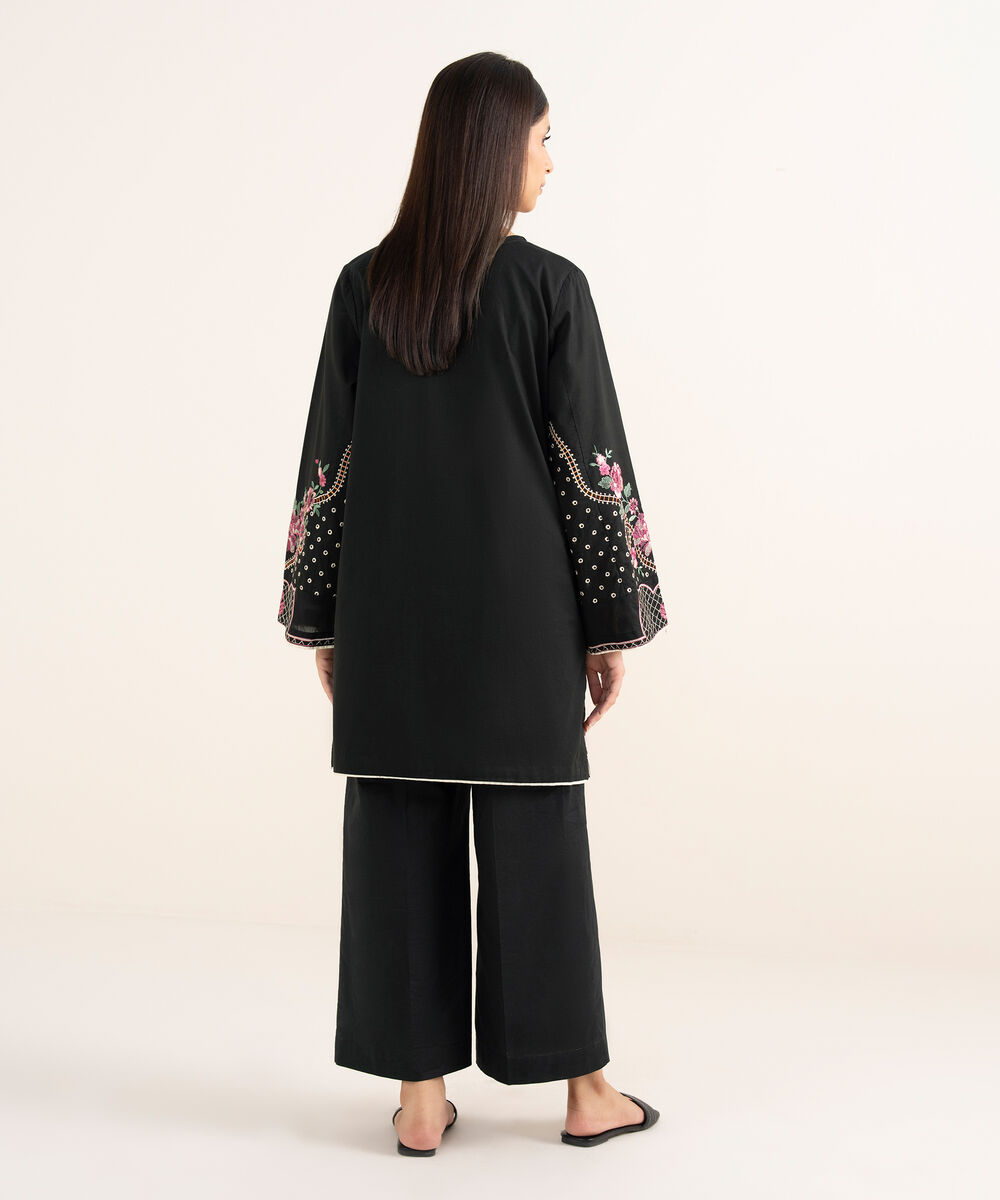 Women's RTW Textured Lawn Black Embroidered A-Line Shirt