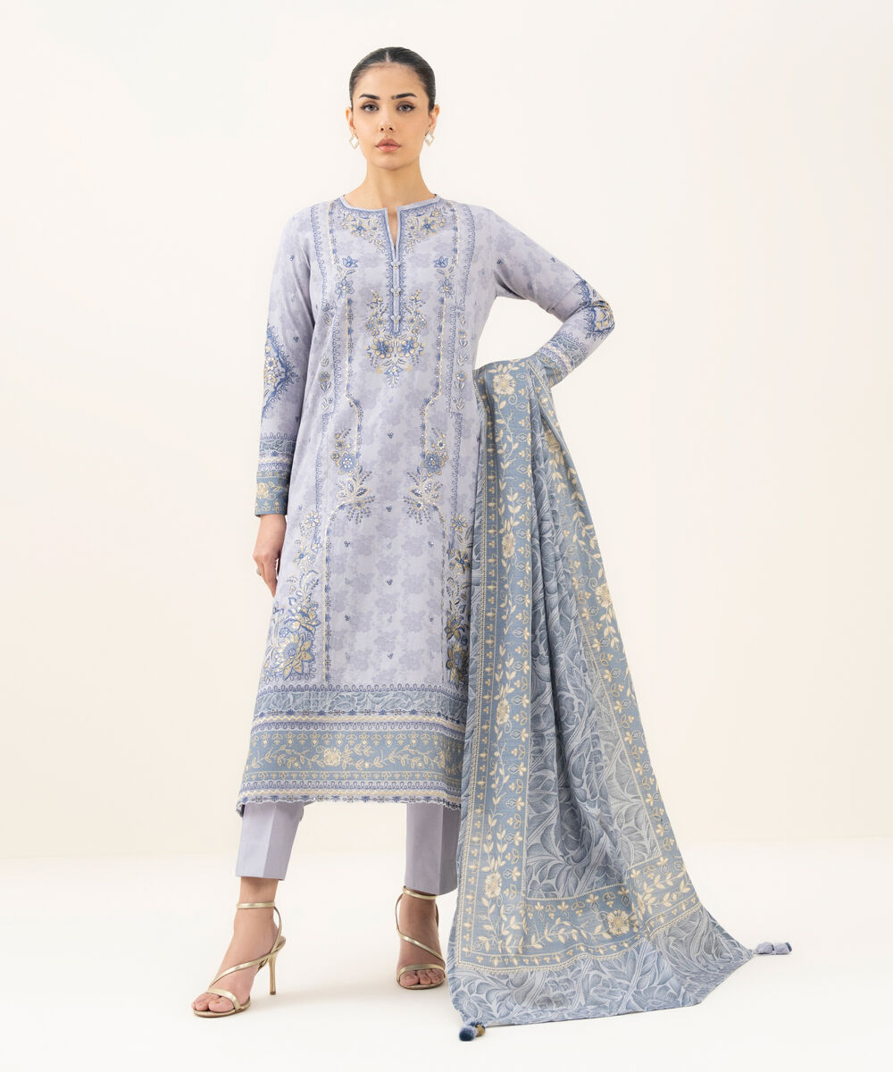 Women's Unstitched Embroidered Cotton Jacquard Grey 3 Piece Suit