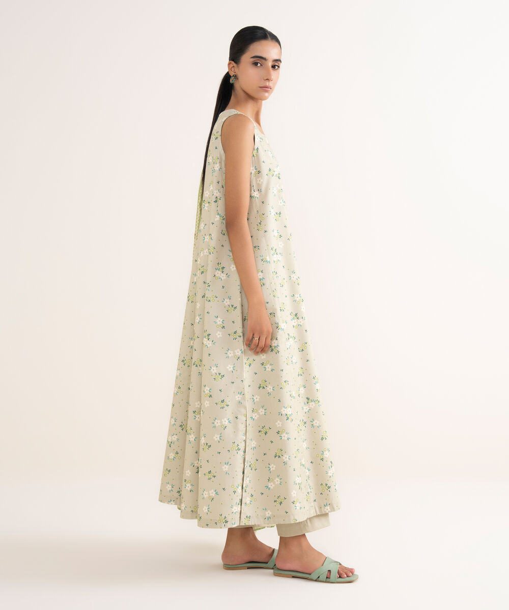 Women's Unstitched Cotton Printed Beige 3 Piece Suit